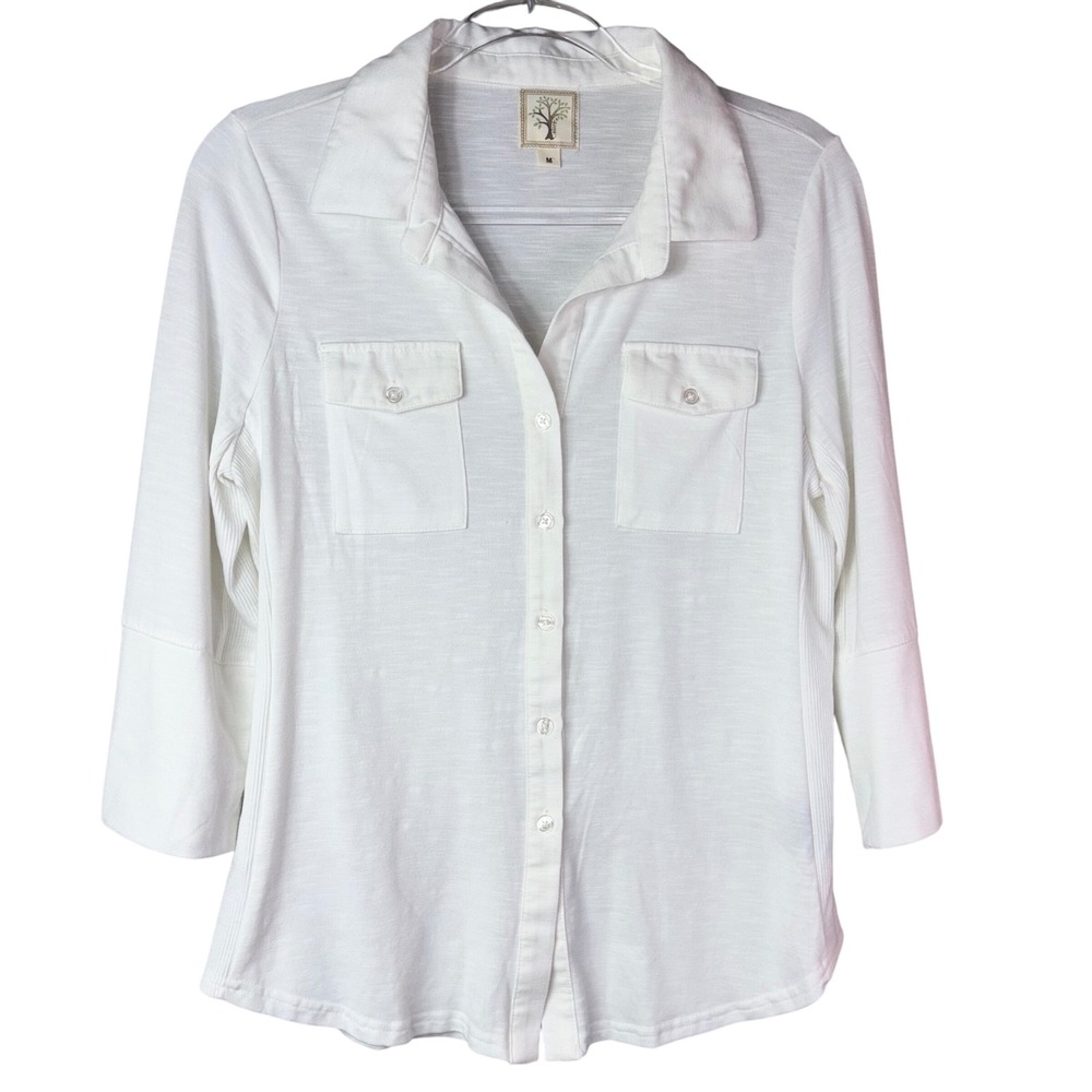 Color‎ Tree White Button Down Shirt 3/4 Sleeve Collared Top Women's Medium